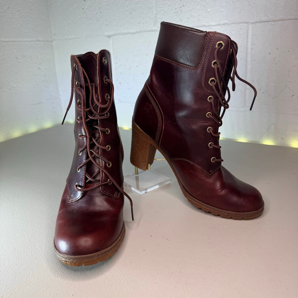 timberland earthkeepers womens leather lace up heeled boots burgundy size 8